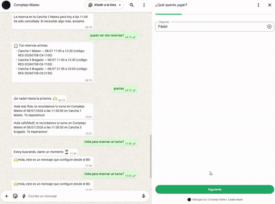 Cliente reservando una cancha con el flujo guiado de WhatsApp de Canchero