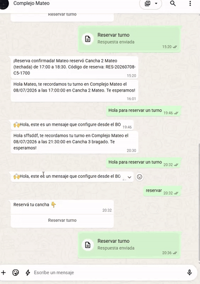 Recordatorio automático de turno enviado por el bot de WhatsApp de Canchero